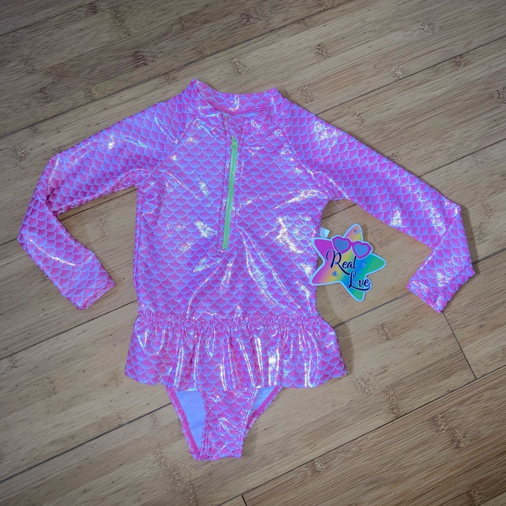 NWT Girls Size 2T Pink Mermaid Rash Guard Swimsuit